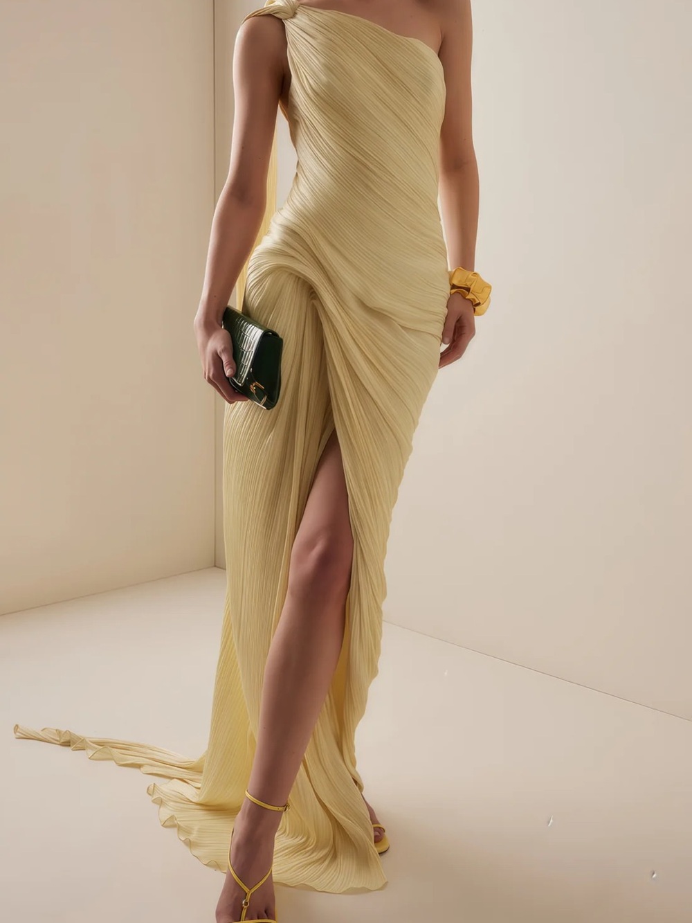One-Shoulder Pleated Evening Gown in Pale Yellow